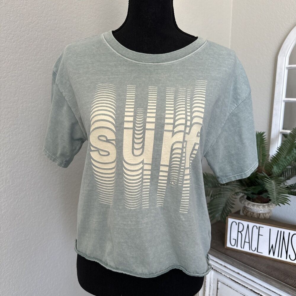 O'neill "Surf" Graphic Womens Top Shirt Size Medium‎ Crop Top Green Short Sleeve